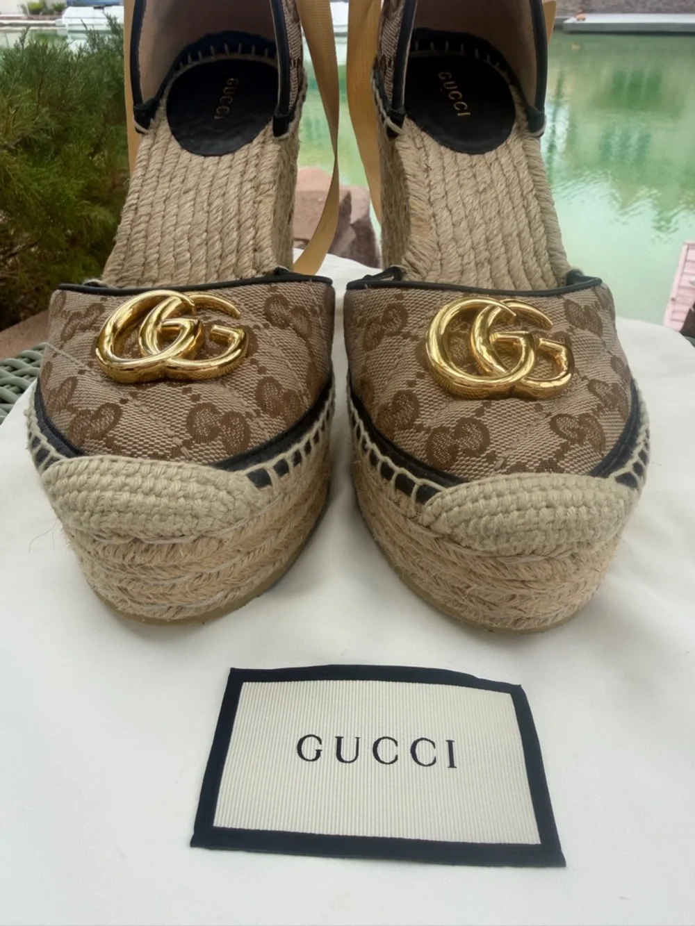 Authentic Gucci Brown GG Canvas Espadrille Wedge Sandals with Gold Double G